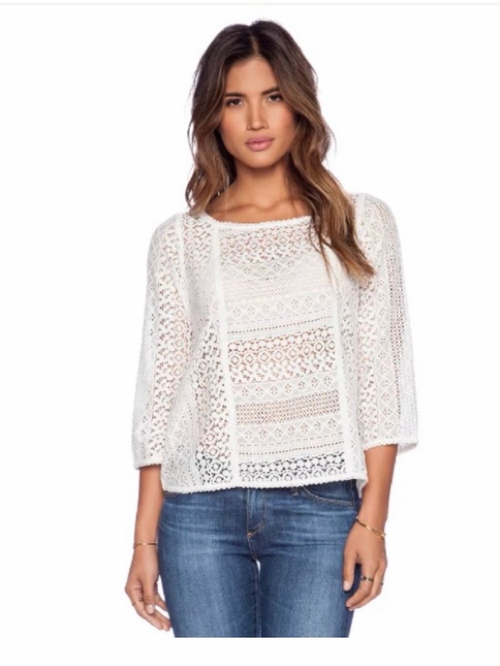 JOIE TULIA TOP White Crochet Lace Boxy Top - Women's Lightweight Pullover